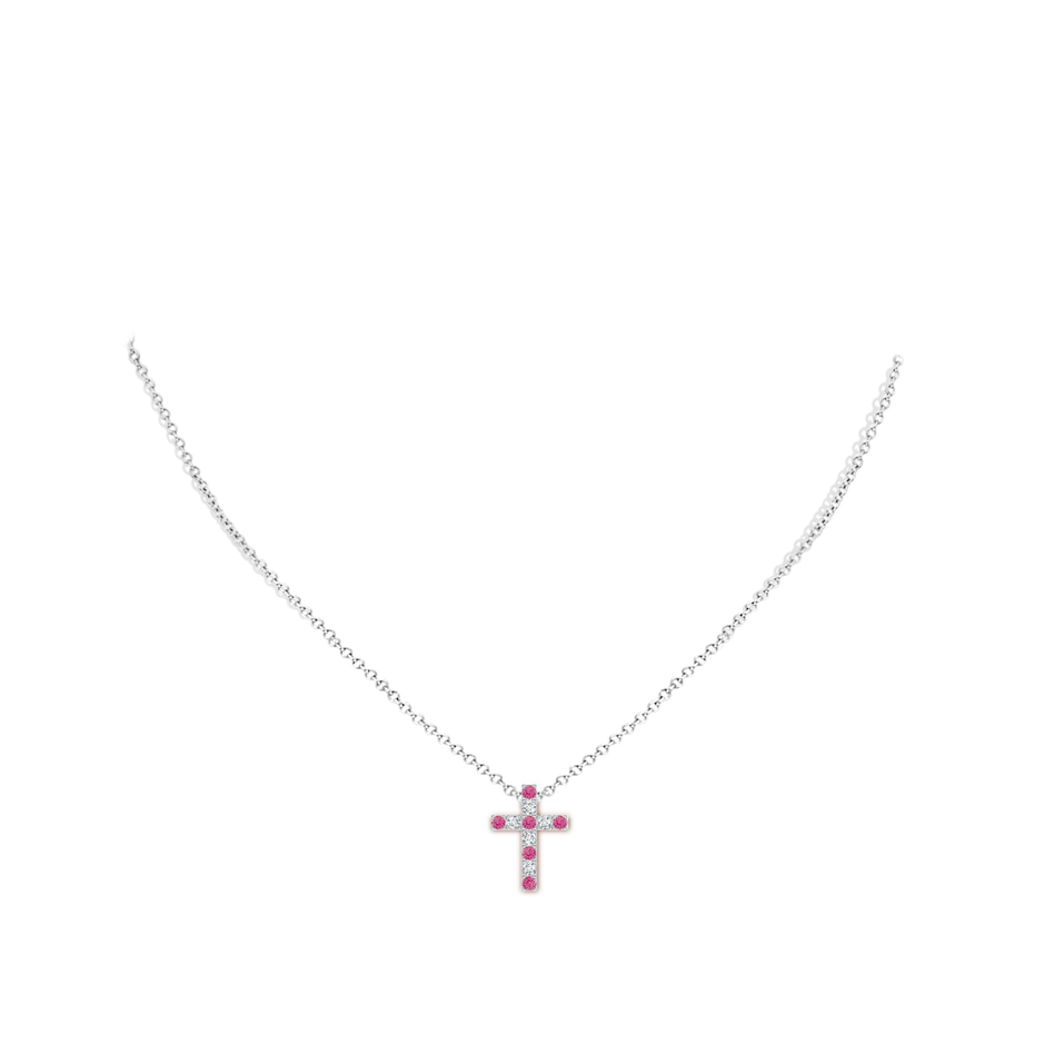 2mm AAA Flat Prong-Set Pink Sapphire and Diamond Cross Pendant in White Gold body-neck