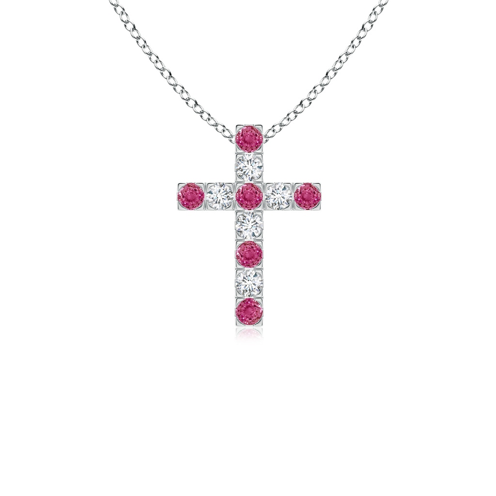 2mm AAAA Flat Prong-Set Pink Sapphire and Diamond Cross Pendant in 18K White Gold