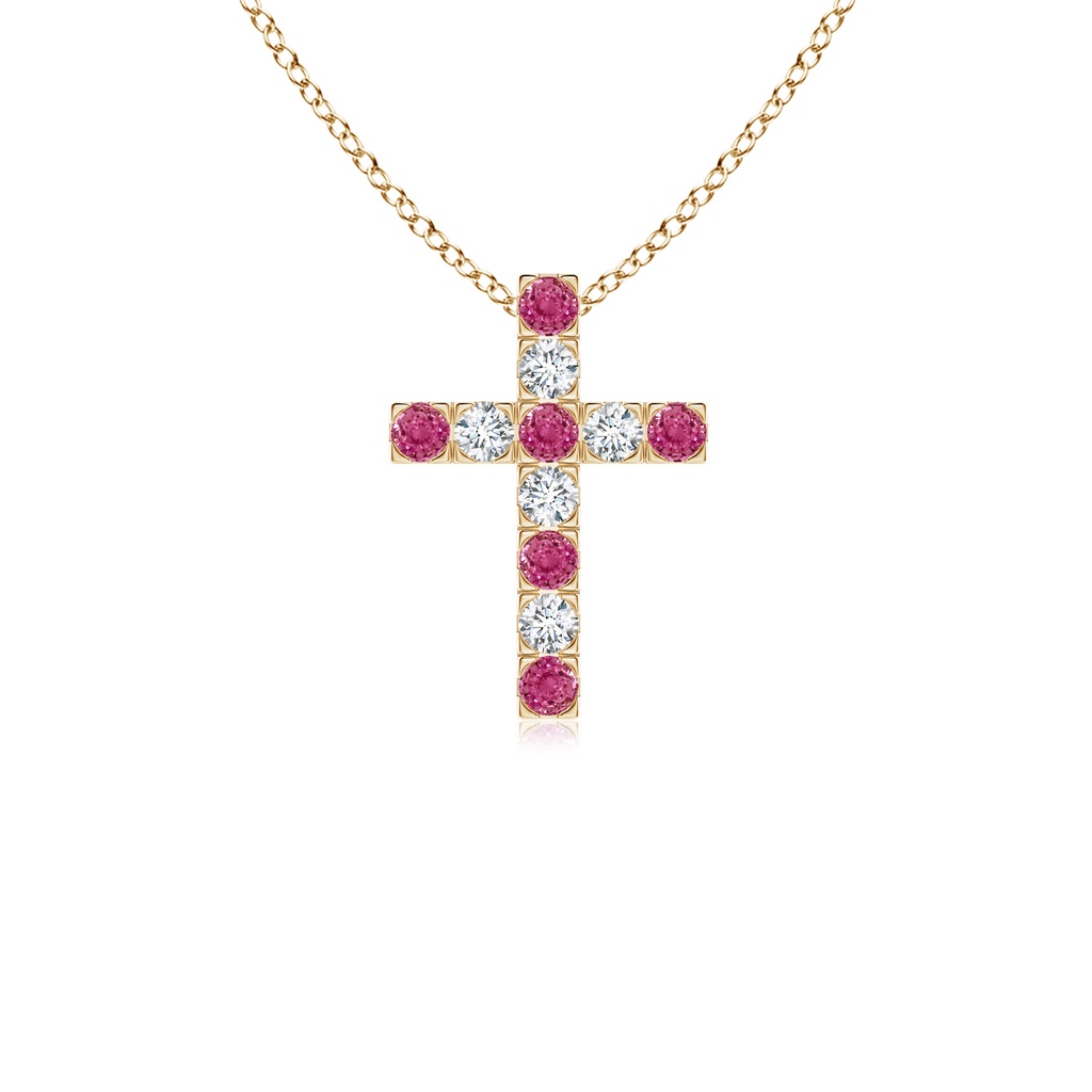 2mm AAAA Flat Prong-Set Pink Sapphire and Diamond Cross Pendant in 18K Yellow Gold