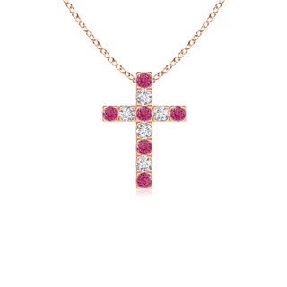 2mm AAAA Flat Prong-Set Pink Sapphire and Diamond Cross Pendant in Rose Gold