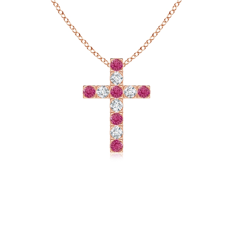 2mm AAAA Flat Prong-Set Pink Sapphire and Diamond Cross Pendant in Rose Gold 