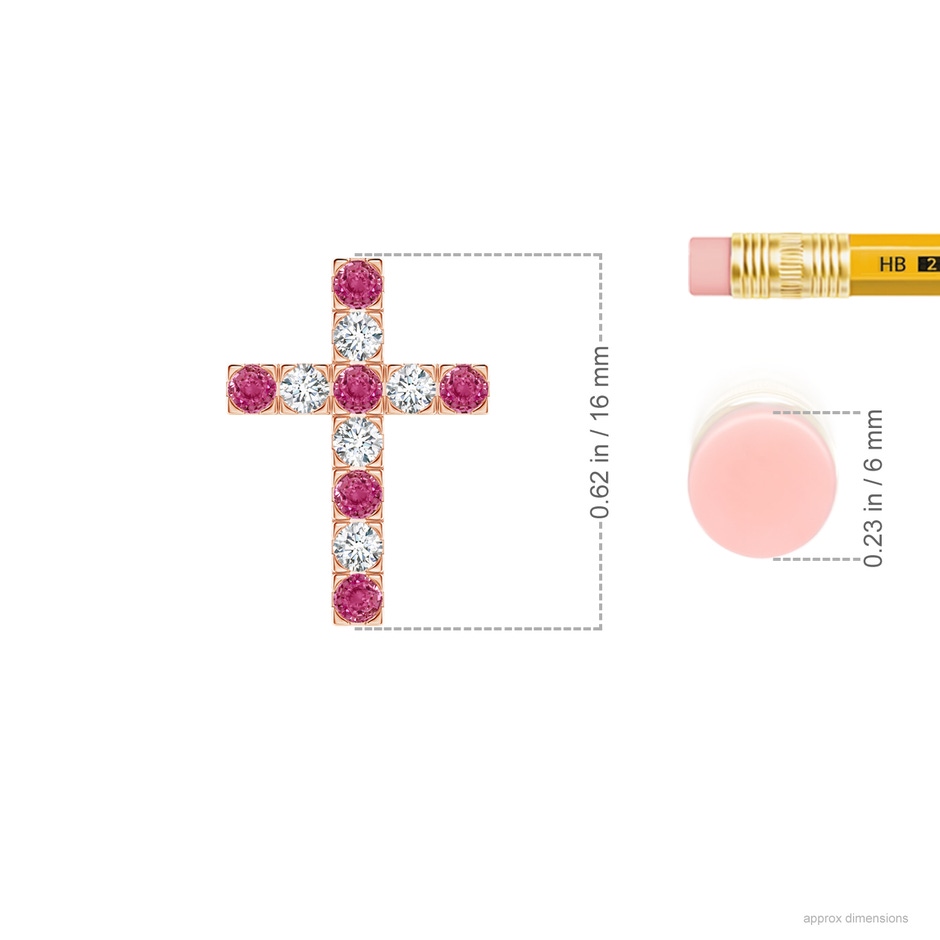 2mm AAAA Flat Prong-Set Pink Sapphire and Diamond Cross Pendant in Rose Gold ruler