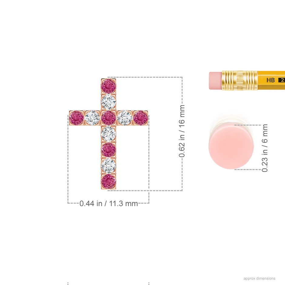 2mm AAAA Flat Prong-Set Pink Sapphire and Diamond Cross Pendant in Rose Gold ruler