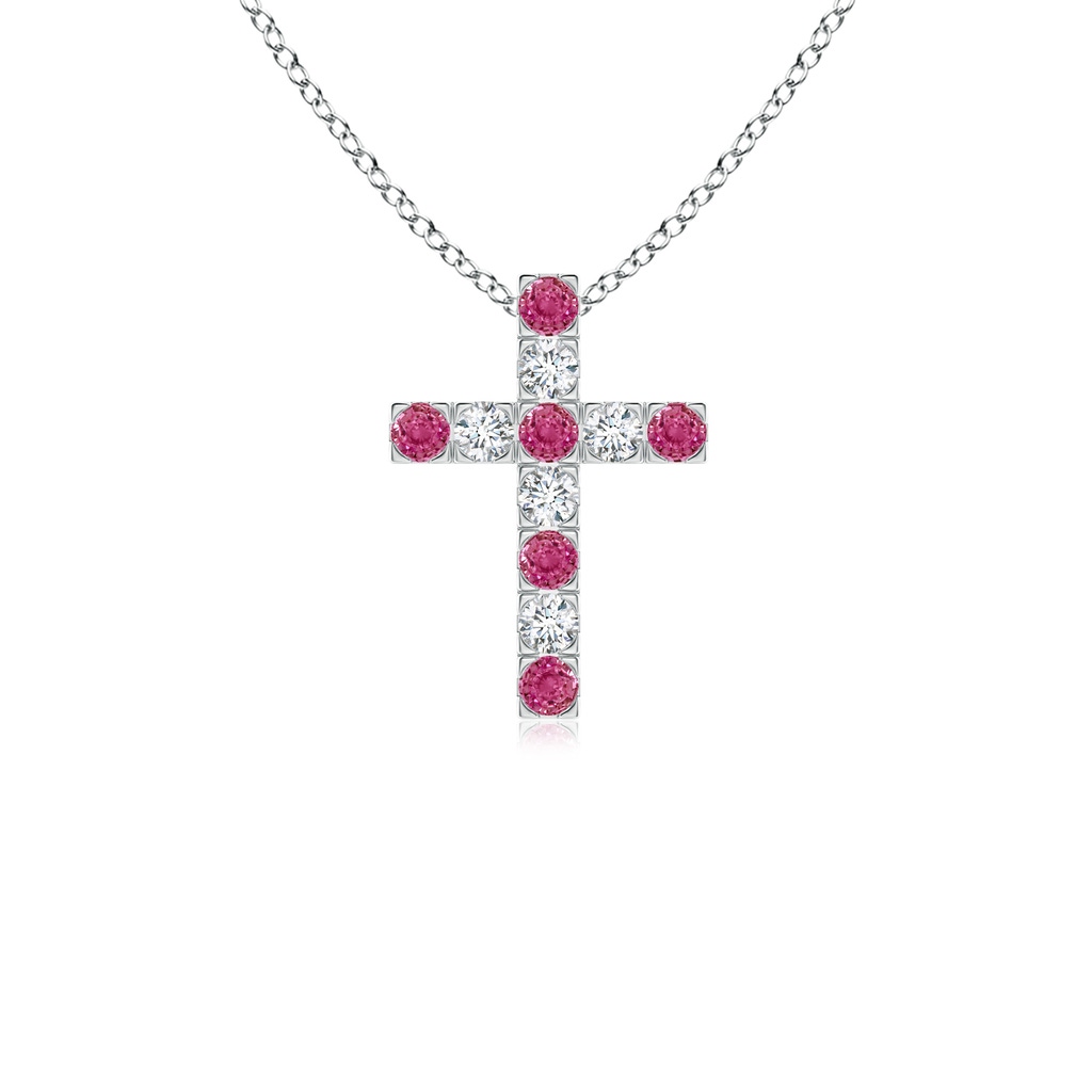 2mm AAAA Flat Prong-Set Pink Sapphire and Diamond Cross Pendant in White Gold