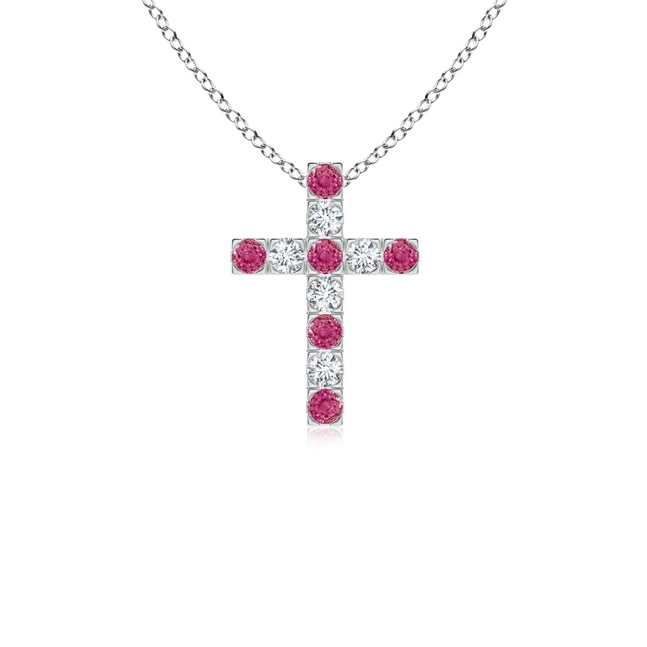 2mm AAAA Flat Prong-Set Pink Sapphire and Diamond Cross Pendant in White Gold 