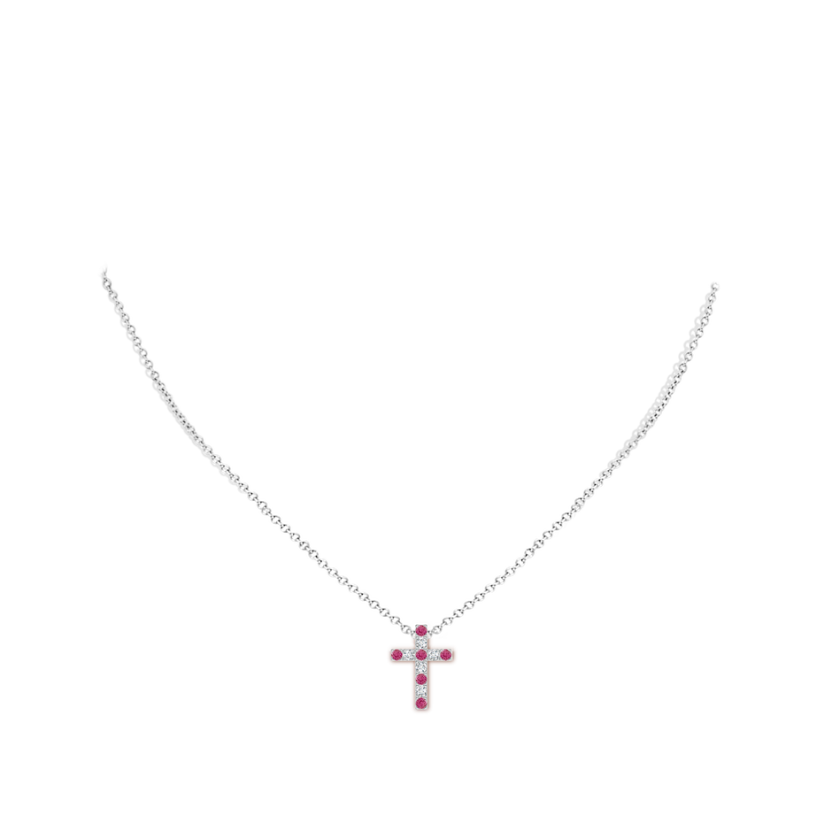 2mm AAAA Flat Prong-Set Pink Sapphire and Diamond Cross Pendant in White Gold pen