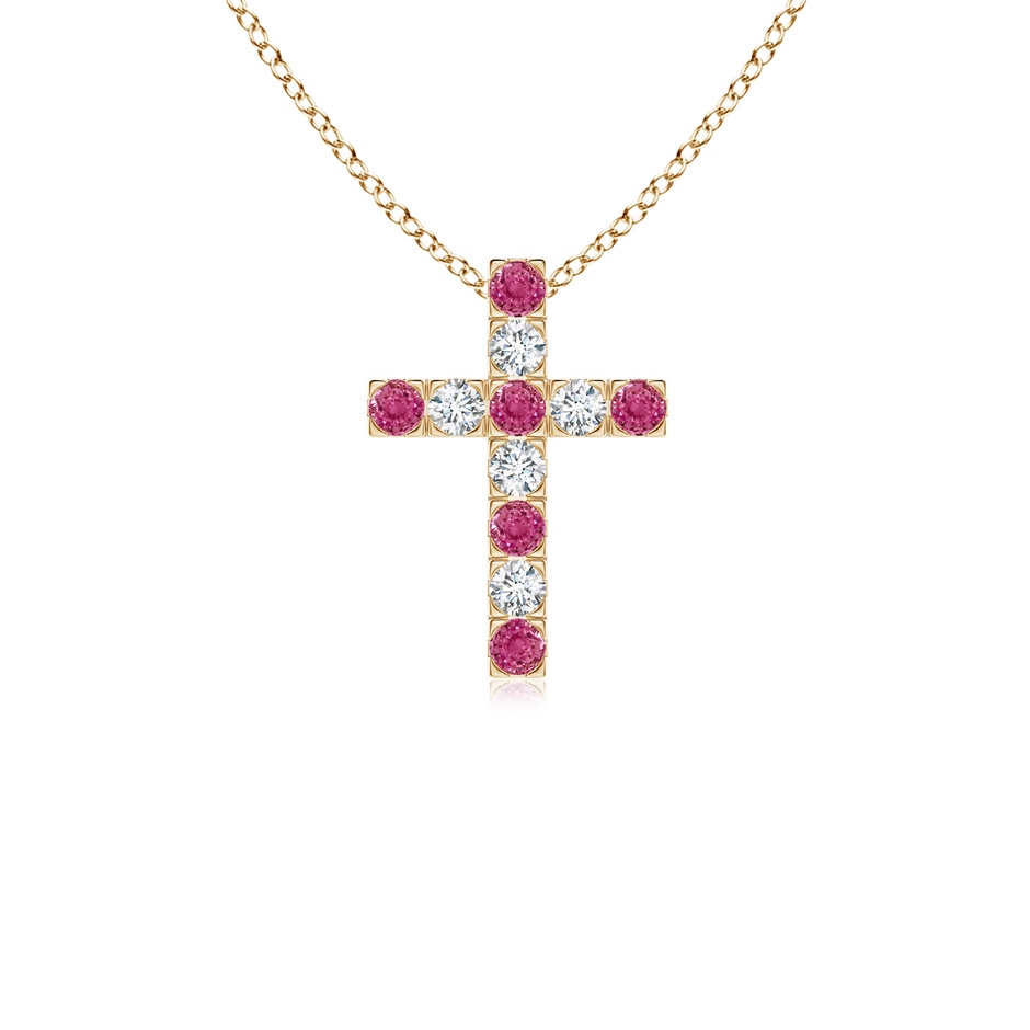 2mm AAAA Flat Prong-Set Pink Sapphire and Diamond Cross Pendant in Yellow Gold 