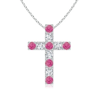 3mm AAA Flat Prong-Set Pink Sapphire and Diamond Cross Pendant in White Gold
