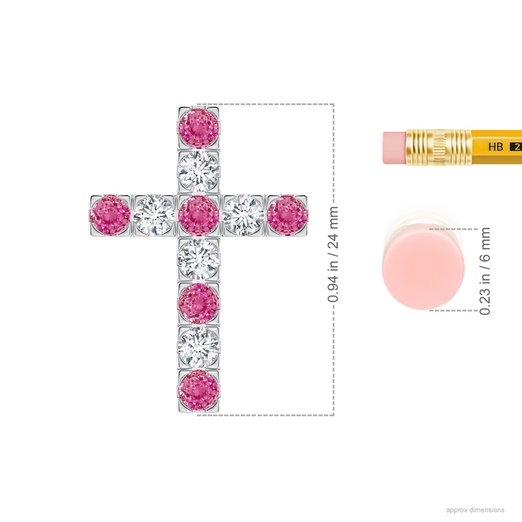 3mm AAA Flat Prong-Set Pink Sapphire and Diamond Cross Pendant in White Gold Ruler