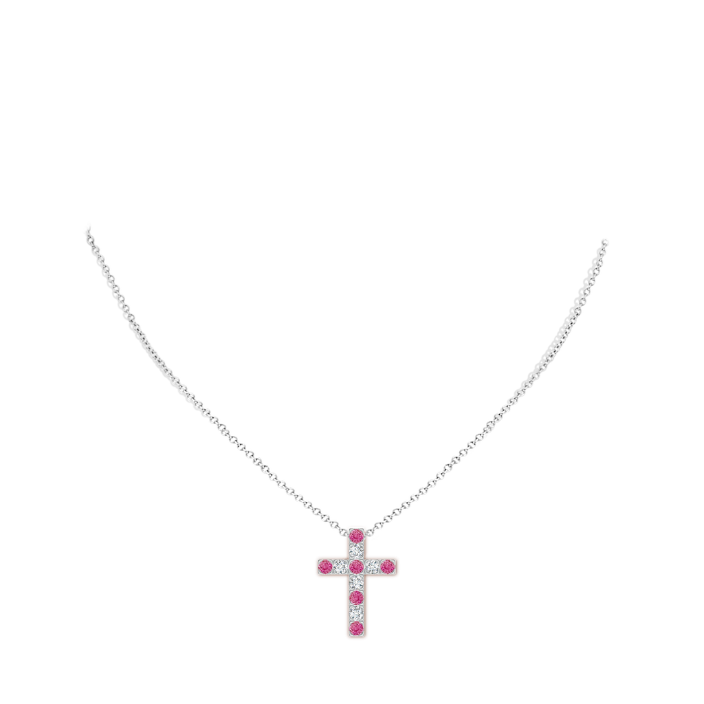 3mm AAA Flat Prong-Set Pink Sapphire and Diamond Cross Pendant in White Gold Body-Neck