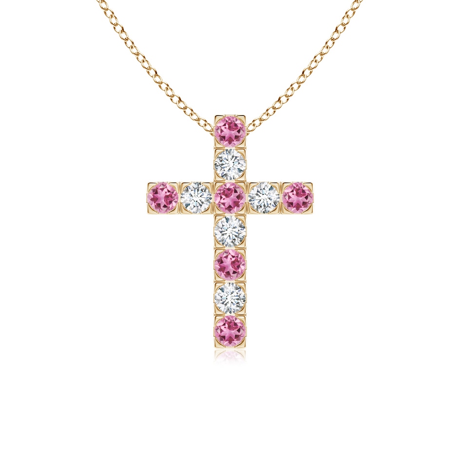 2.5mm AAA Flat Prong-Set Pink Tourmaline and Diamond Cross Pendant in Yellow Gold 