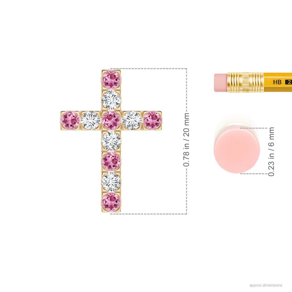 2.5mm AAA Flat Prong-Set Pink Tourmaline and Diamond Cross Pendant in Yellow Gold Ruler