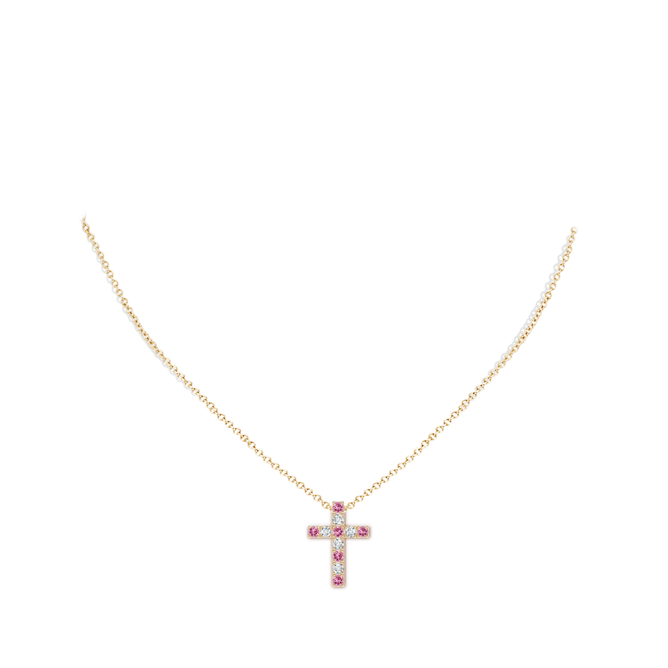 2.5mm AAA Flat Prong-Set Pink Tourmaline and Diamond Cross Pendant in Yellow Gold body-neck