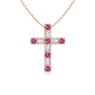 2.5mm AAAA Flat Prong-Set Pink Tourmaline and Diamond Cross Pendant in 18K Rose Gold