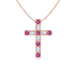 2.5mm AAAA Flat Prong-Set Pink Tourmaline and Diamond Cross Pendant in Rose Gold