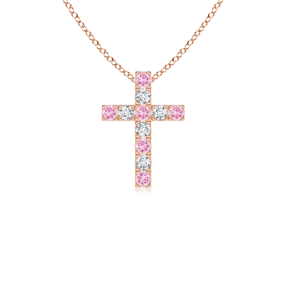2mm A Flat Prong-Set Pink Tourmaline and Diamond Cross Pendant in Rose Gold 