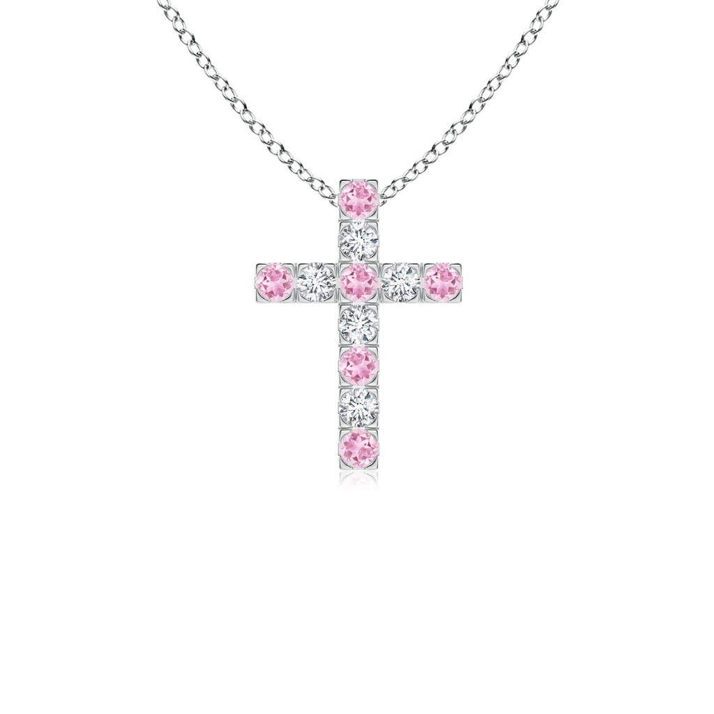 2mm A Flat Prong-Set Pink Tourmaline and Diamond Cross Pendant in White Gold