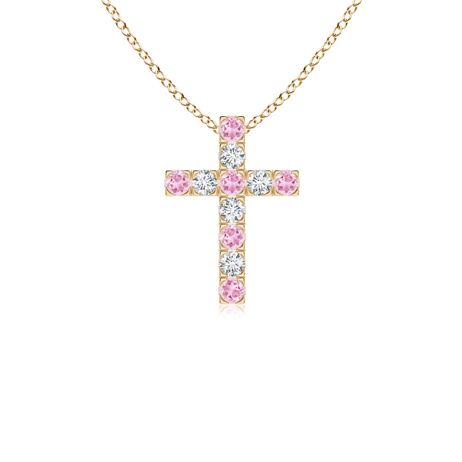 2mm A Flat Prong-Set Pink Tourmaline and Diamond Cross Pendant in Yellow Gold 