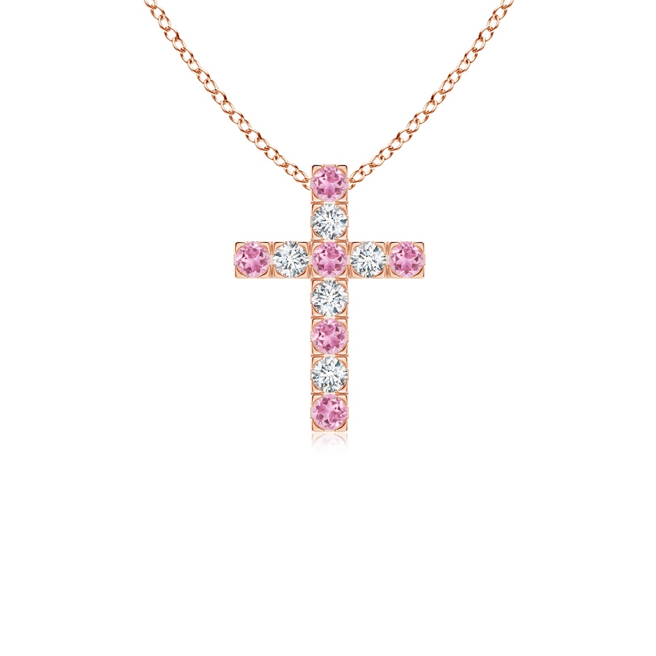 2mm AA Flat Prong-Set Pink Tourmaline and Diamond Cross Pendant in Rose Gold 