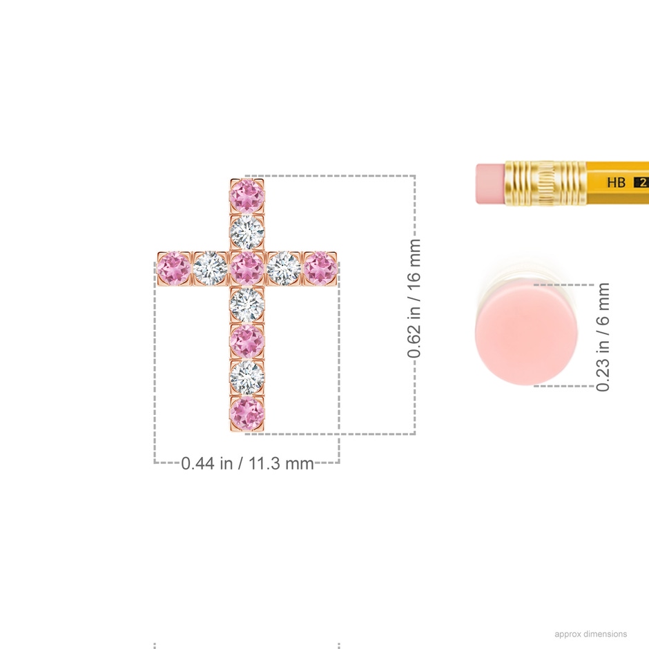 2mm AA Flat Prong-Set Pink Tourmaline and Diamond Cross Pendant in Rose Gold ruler