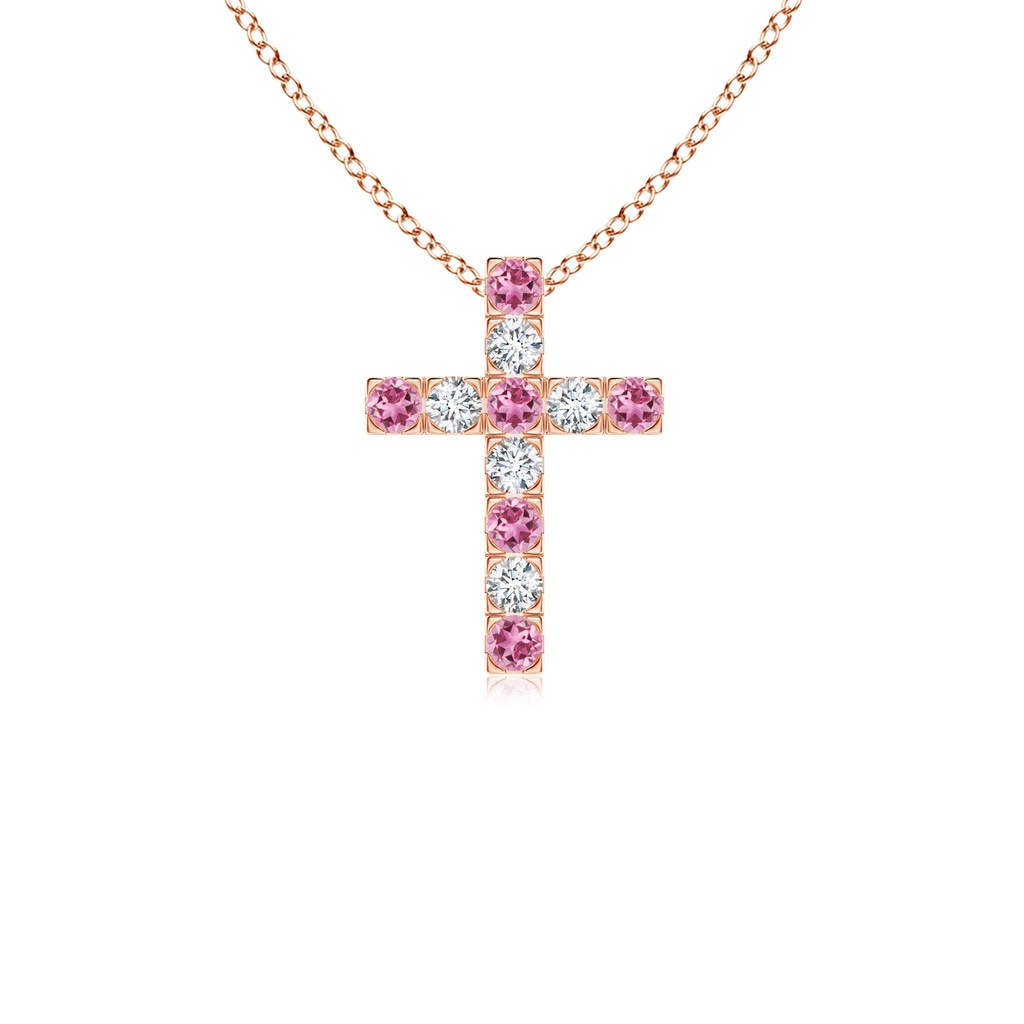 2mm AAA Flat Prong-Set Pink Tourmaline and Diamond Cross Pendant in Rose Gold