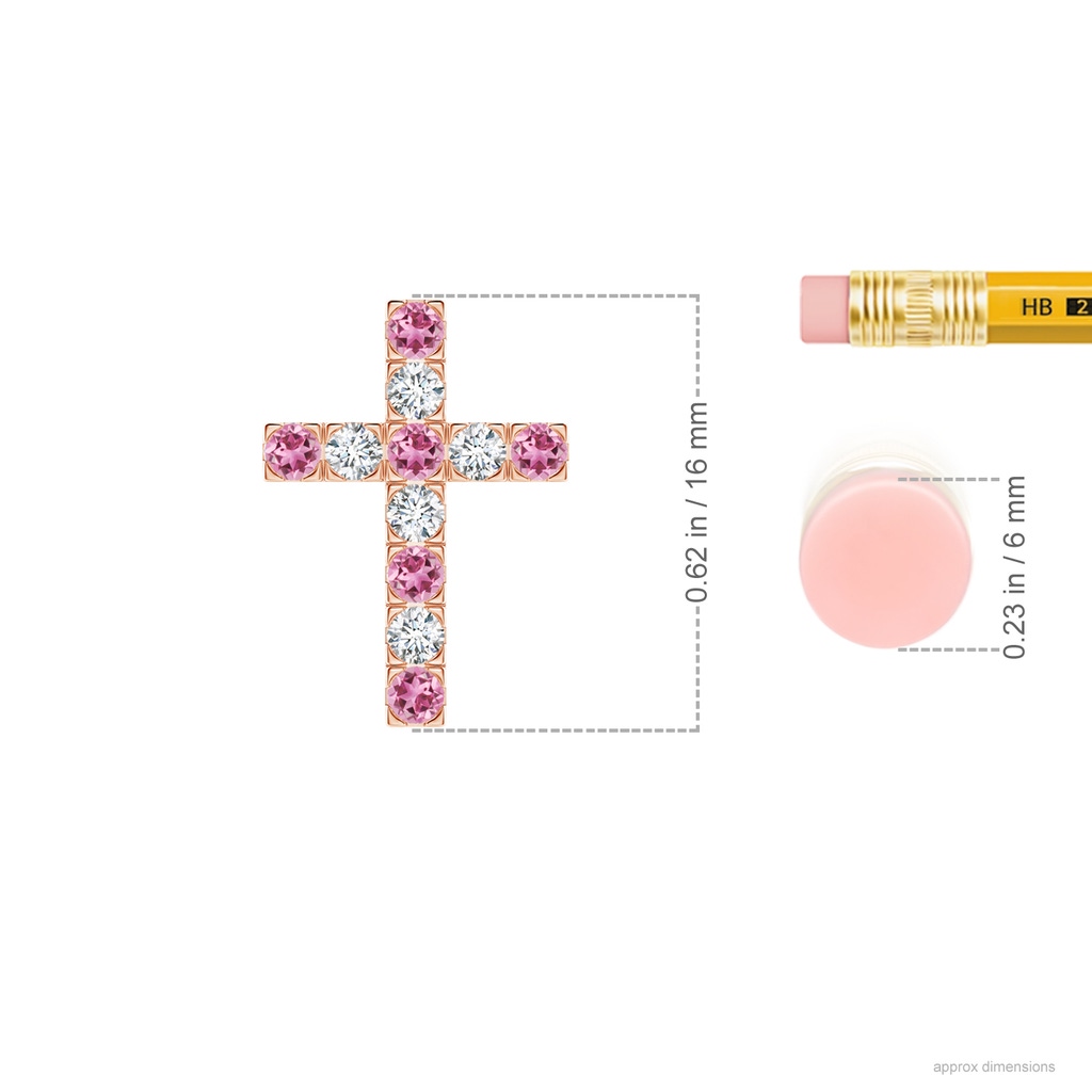 2mm AAA Flat Prong-Set Pink Tourmaline and Diamond Cross Pendant in Rose Gold Ruler