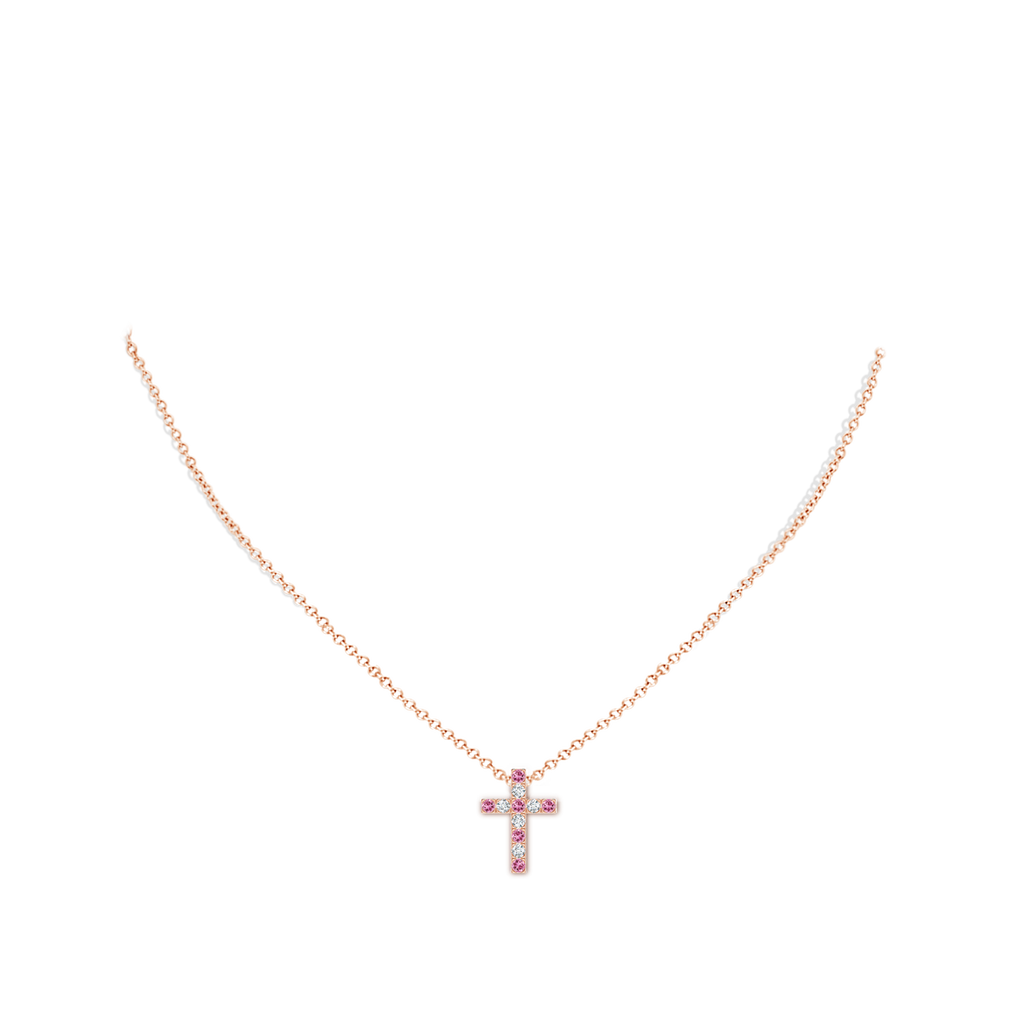 2mm AAA Flat Prong-Set Pink Tourmaline and Diamond Cross Pendant in Rose Gold Body-Neck