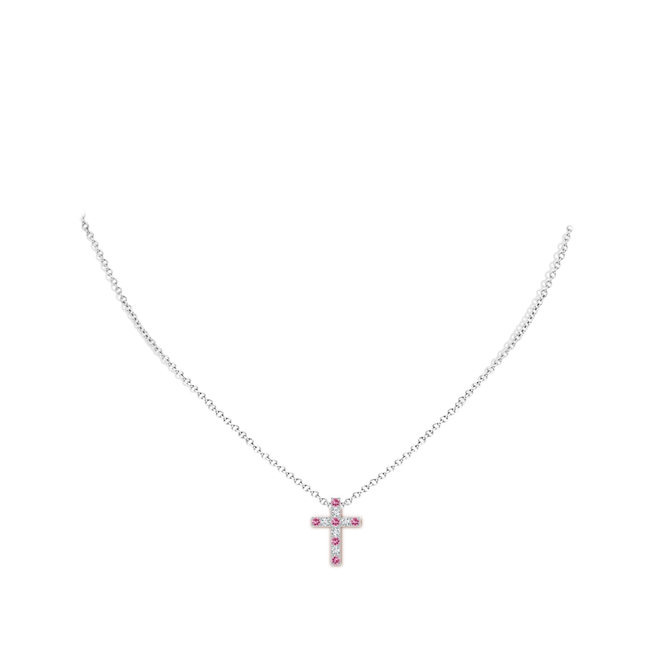 2mm AAA Flat Prong-Set Pink Tourmaline and Diamond Cross Pendant in White Gold body-neck