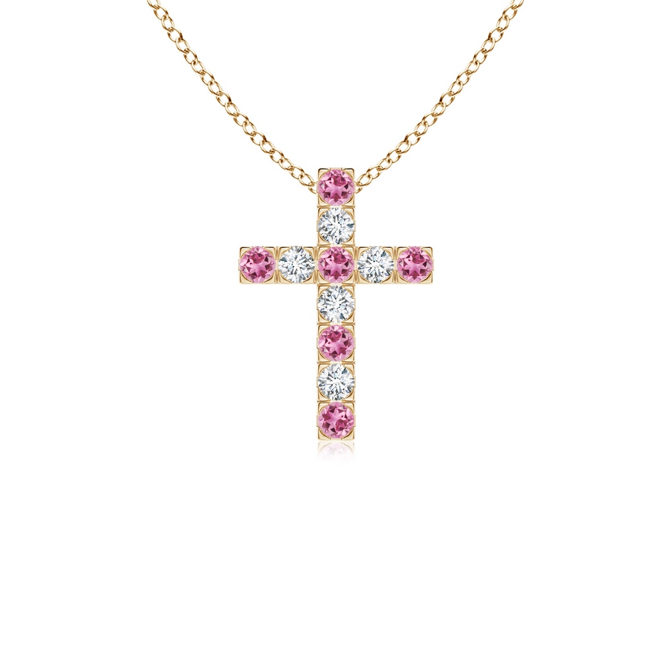 2mm AAA Flat Prong-Set Pink Tourmaline and Diamond Cross Pendant in Yellow Gold 