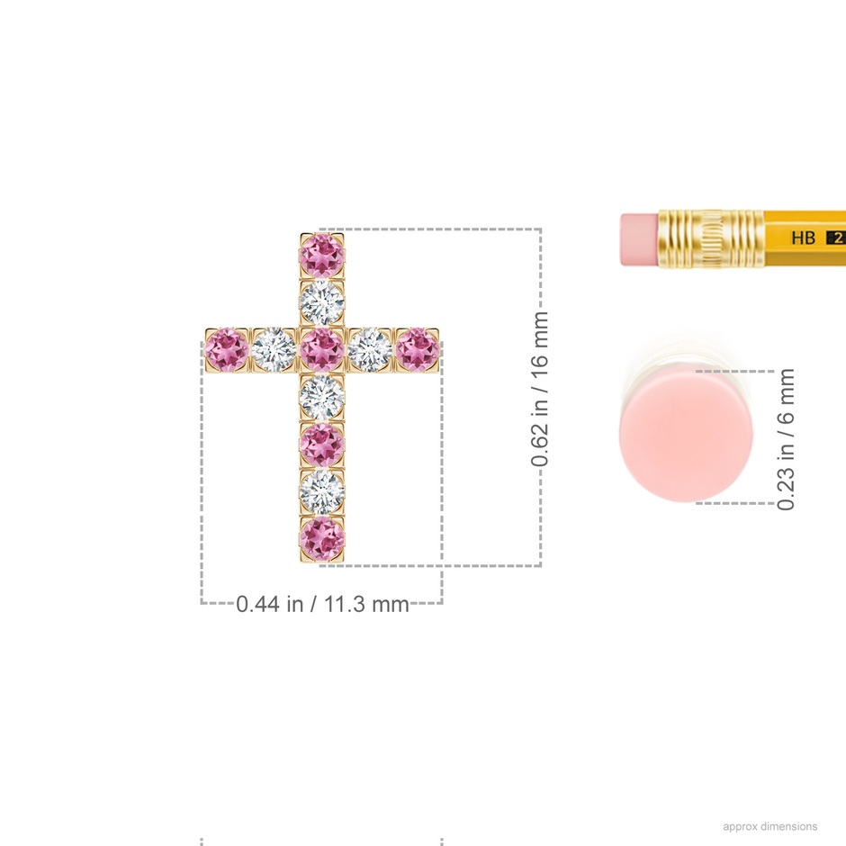 2mm AAA Flat Prong-Set Pink Tourmaline and Diamond Cross Pendant in Yellow Gold ruler