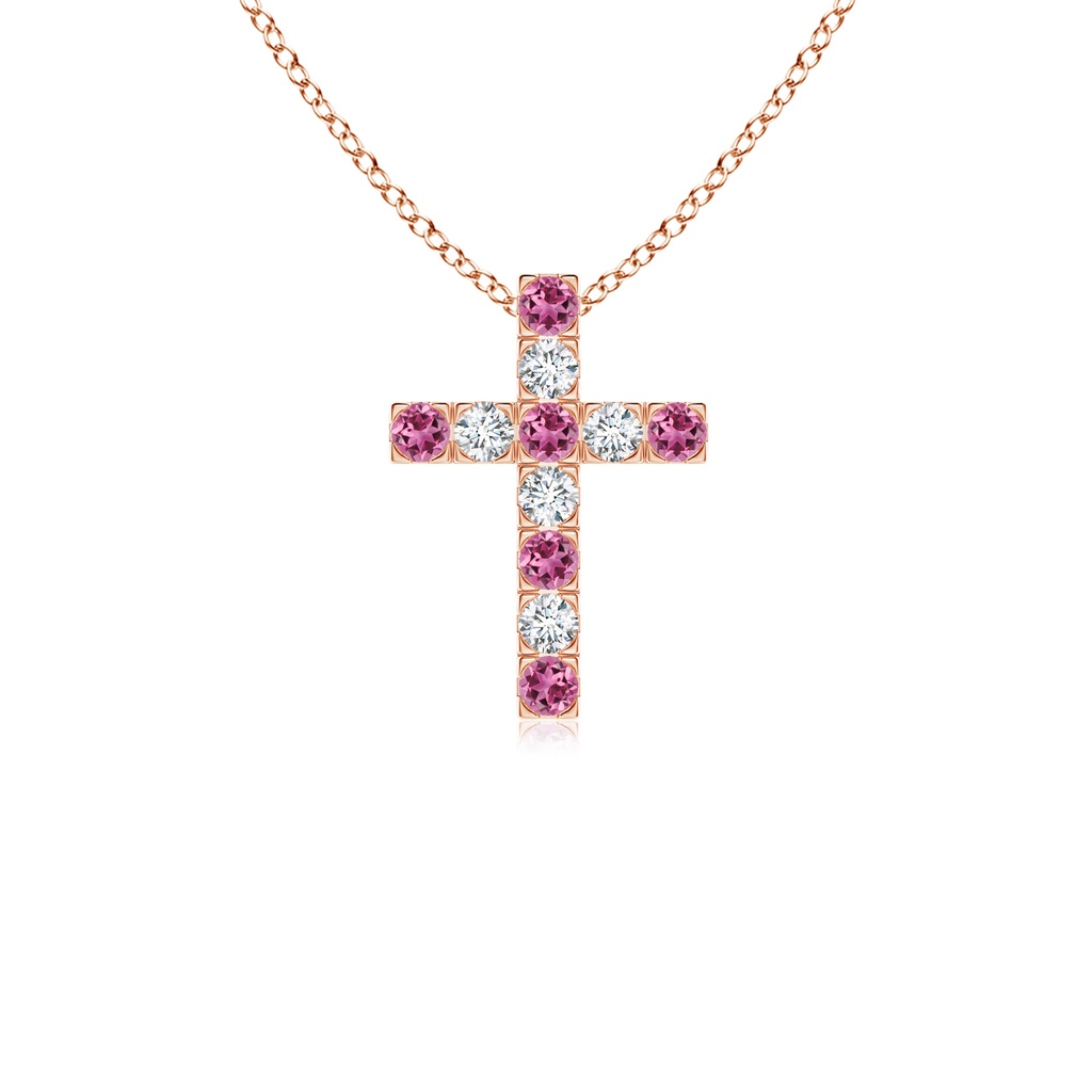 2mm AAAA Flat Prong-Set Pink Tourmaline and Diamond Cross Pendant in 18K Rose Gold