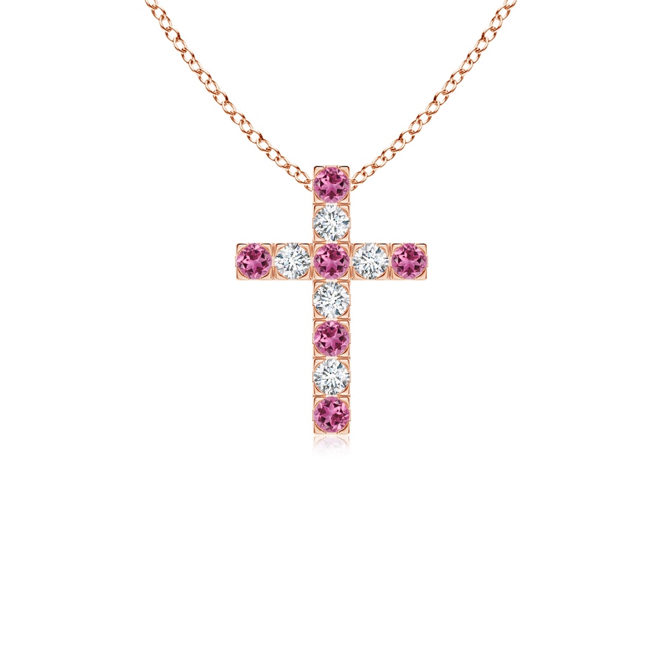 2mm AAAA Flat Prong-Set Pink Tourmaline and Diamond Cross Pendant in Rose Gold 