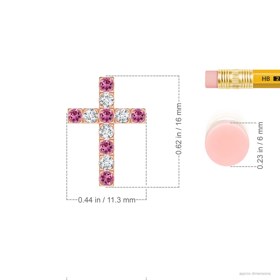 2mm AAAA Flat Prong-Set Pink Tourmaline and Diamond Cross Pendant in Rose Gold ruler