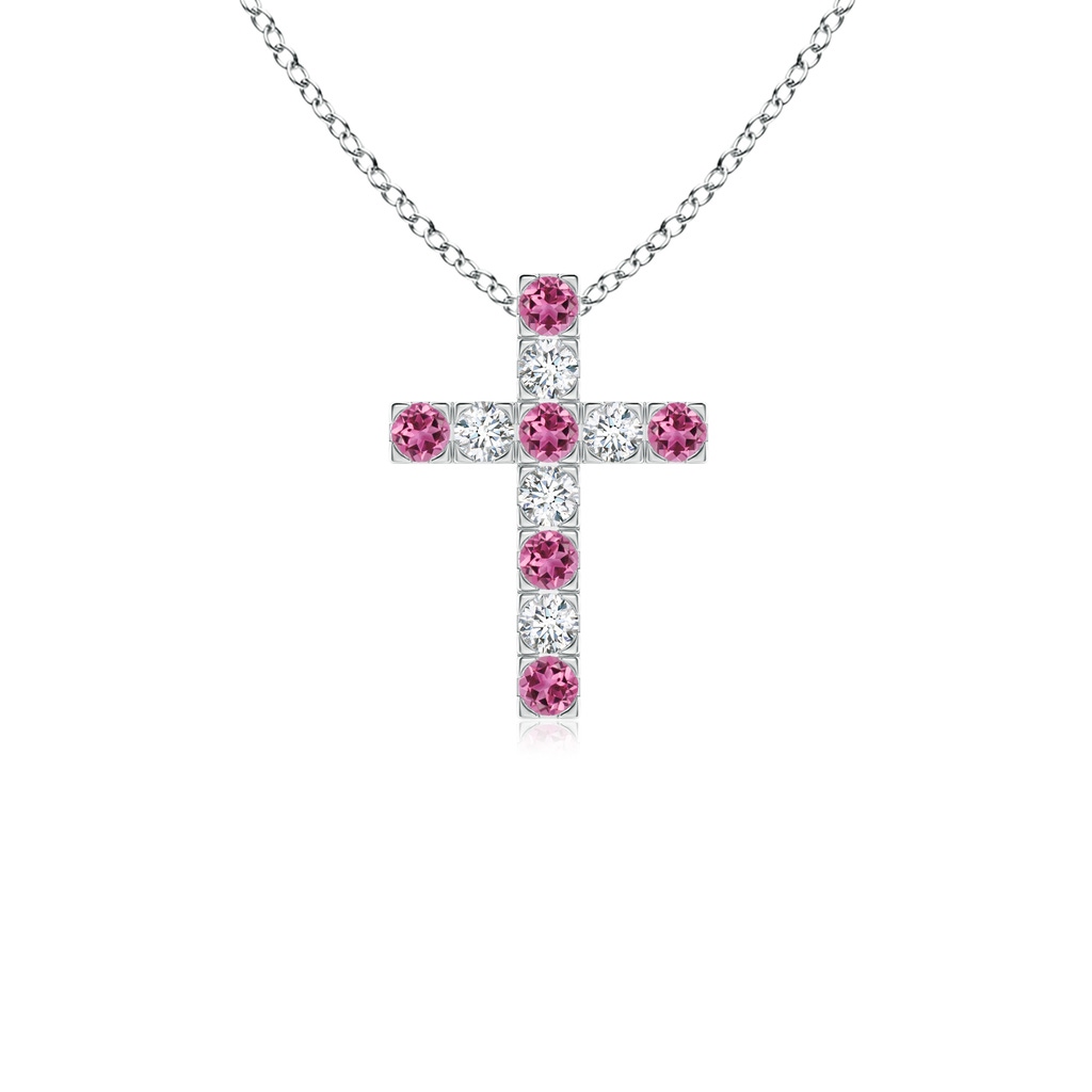 2mm AAAA Flat Prong-Set Pink Tourmaline and Diamond Cross Pendant in White Gold