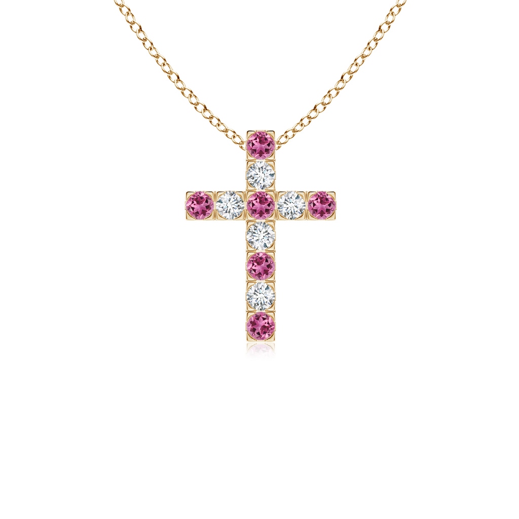 2mm AAAA Flat Prong-Set Pink Tourmaline and Diamond Cross Pendant in Yellow Gold