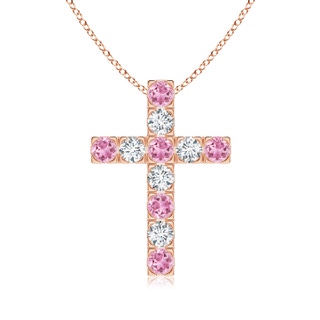 3mm AA Flat Prong-Set Pink Tourmaline and Diamond Cross Pendant in Rose Gold