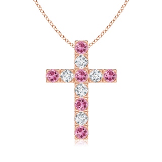 3mm AAA Flat Prong-Set Pink Tourmaline and Diamond Cross Pendant in 18K Rose Gold