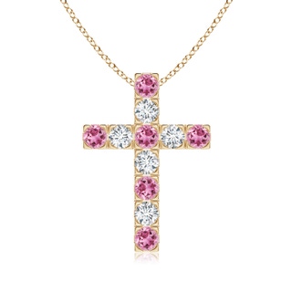 3mm AAA Flat Prong-Set Pink Tourmaline and Diamond Cross Pendant in Yellow Gold