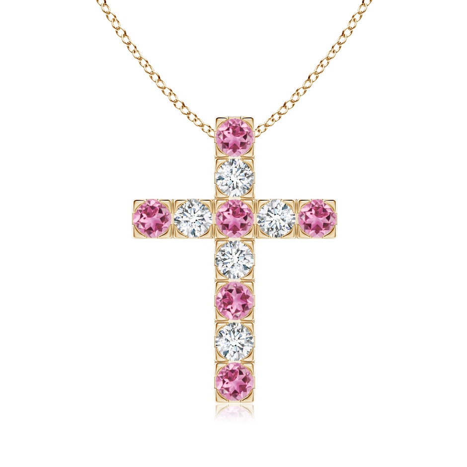 3mm AAA Flat Prong-Set Pink Tourmaline and Diamond Cross Pendant in Yellow Gold 