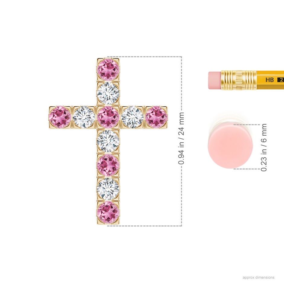 3mm AAA Flat Prong-Set Pink Tourmaline and Diamond Cross Pendant in Yellow Gold ruler