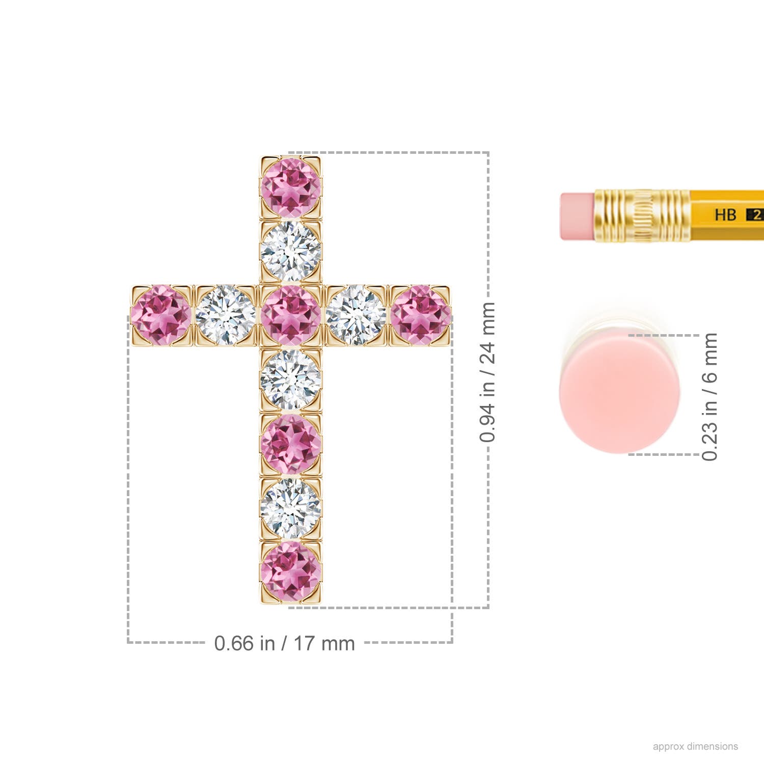 3mm AAA Flat Prong-Set Pink Tourmaline and Diamond Cross Pendant in Yellow Gold - ruler