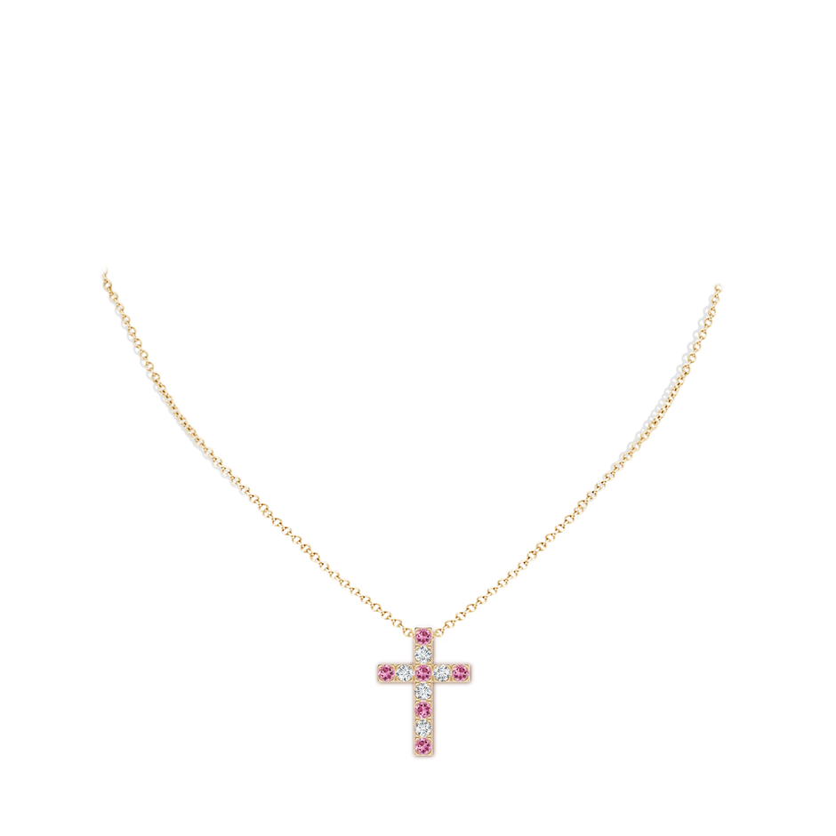 3mm AAA Flat Prong-Set Pink Tourmaline and Diamond Cross Pendant in Yellow Gold body-neck