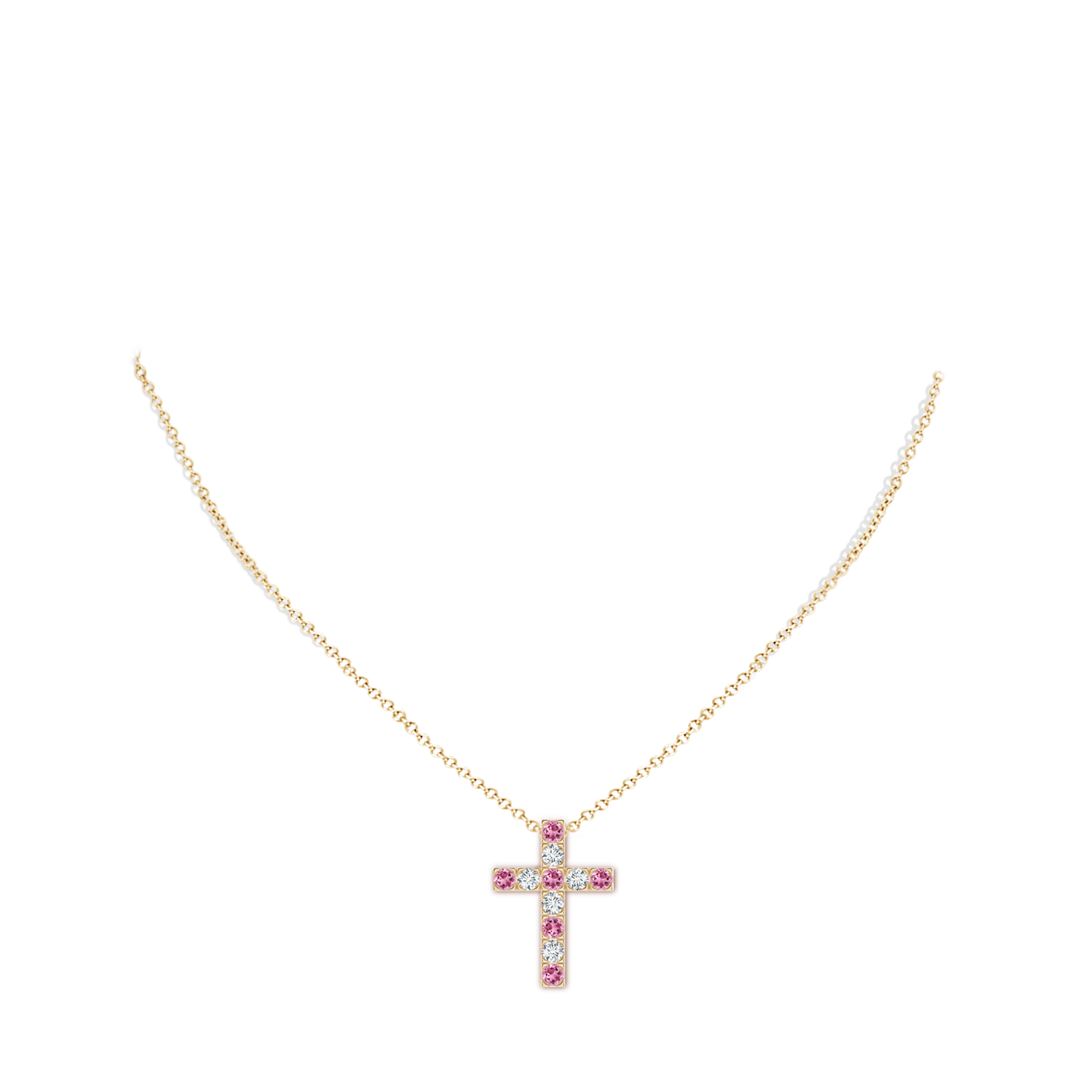 3mm AAA Flat Prong-Set Pink Tourmaline and Diamond Cross Pendant in Yellow Gold - body_neck