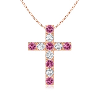 3mm AAAA Flat Prong-Set Pink Tourmaline and Diamond Cross Pendant in Rose Gold