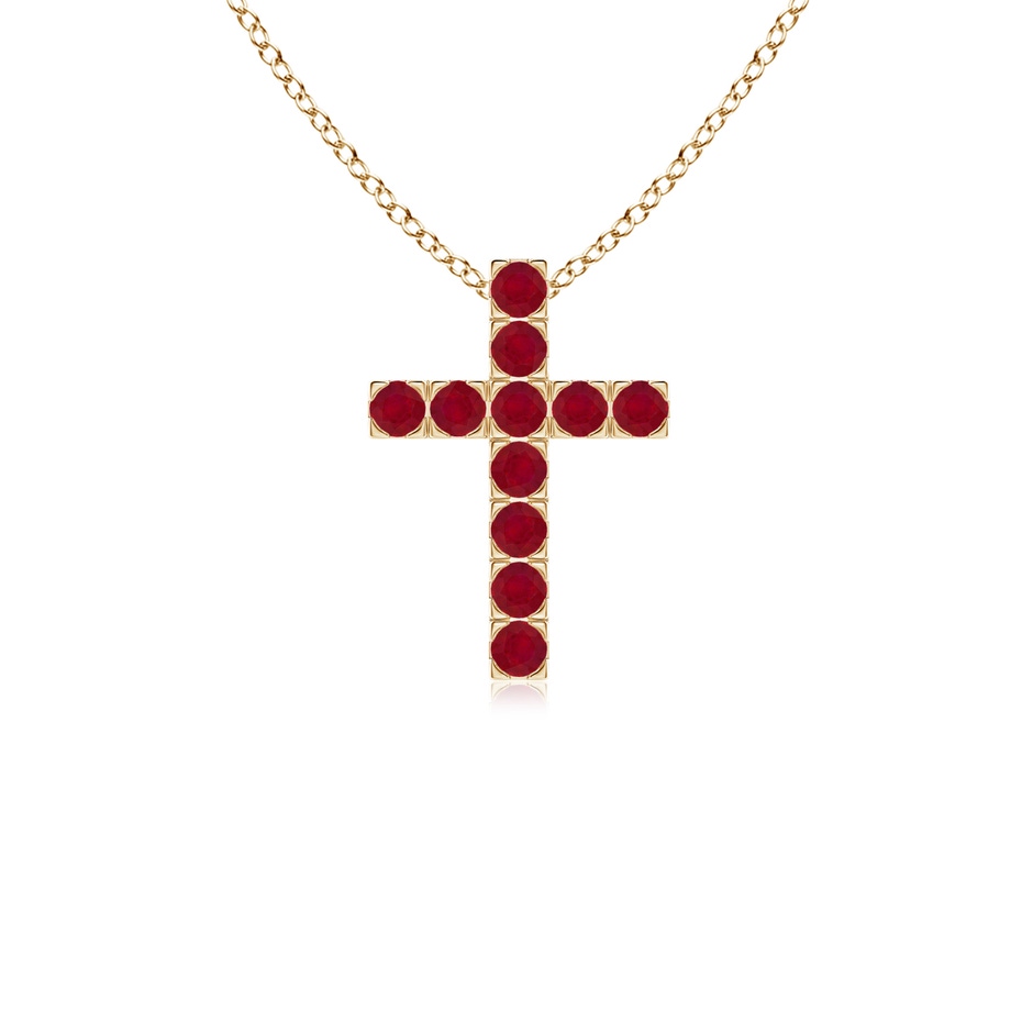 2mm AA Flat Prong-Set Ruby Cross Pendant in Yellow Gold 