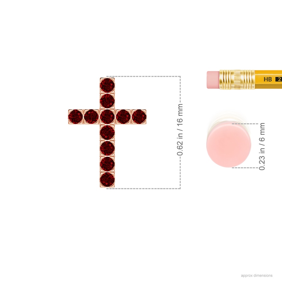 2mm AAAA Flat Prong-Set Ruby Cross Pendant in 9K Rose Gold ruler