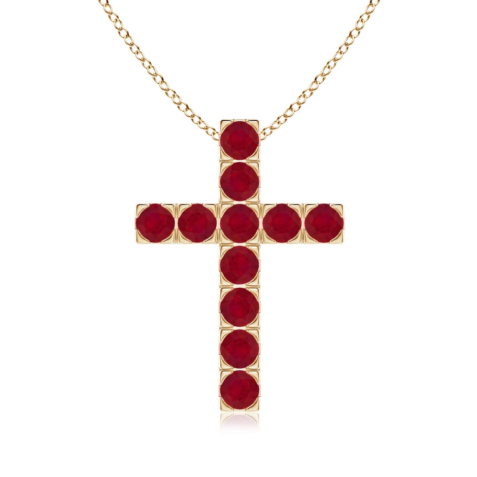 3mm AA Flat Prong-Set Ruby Cross Pendant in Yellow Gold 