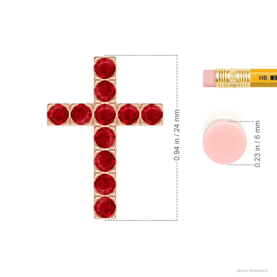 3mm AAA Flat Prong-Set Ruby Cross Pendant in Rose Gold ruler