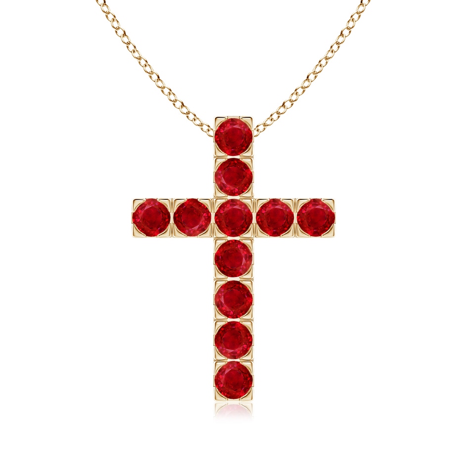 3mm AAA Flat Prong-Set Ruby Cross Pendant in Yellow Gold 
