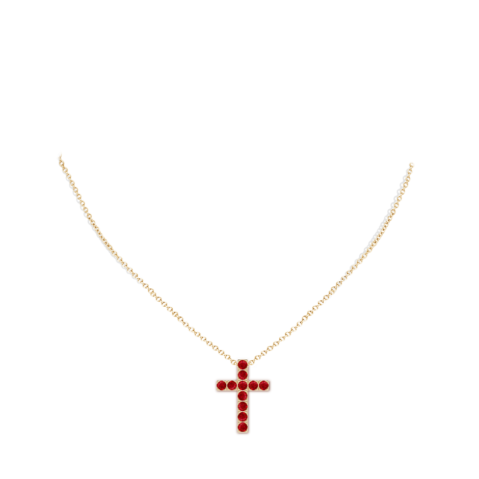 3mm AAA Flat Prong-Set Ruby Cross Pendant in Yellow Gold pen